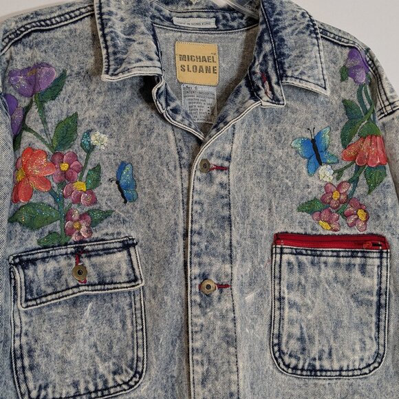 MICHAEL SLOANE Acid Wash Blue Button Jean Jacket w Painted Flowers; Size S - L - Picture 2 of 5